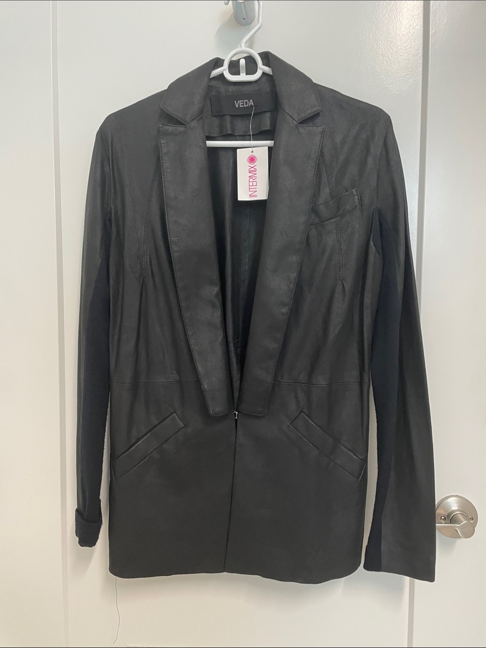 Veda Black Leather-Look Blazer with Shawl Lapel